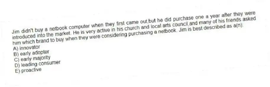 Jim didn't buy a netbook computer when they first came out,but he did purchase one a year after they were introduced into the market. He is very active in his church and local arts council,and many of his friends asked him which brand to buy when they were considering purchasing a netbook. Jim is best described as a(n):
A) innovator
B) early adopter
C) early majority
D) leading consumer
E) proactive