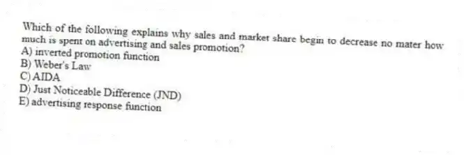 Which of the following explains why sales and market share begin to decrease no mater how much is spent on advertising and sales promotion?
A) inverted promotion function
B) Weber's Law
C) AIDA
D) Just Noticeable Difference (JND)
E) advertising response function