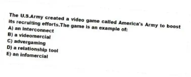 The U.S.Army created a video game called America's Army to boost its recruiting efforts.The game is an example of:
A) an interconnect
B) a videomercial
C) advergaming
D) a relationship tool
E) an infomercial