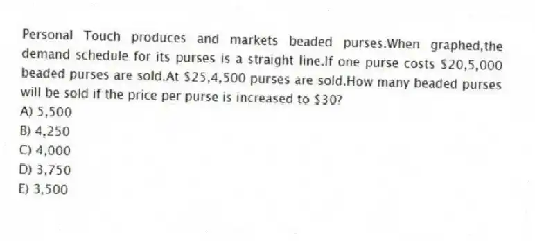 Personal Touch produces and markets beaded purses.When graphed,the demand schedule for its purses is a straight line.If one purse costs $20,5,000 beaded purses are sold.At $25,4,500 purses are sold.How many beaded purses will be sold if the price per purse is increased to $30?
A) 5,500
B) 4,250
C) 4,000
D) 3,750
E) 3,500