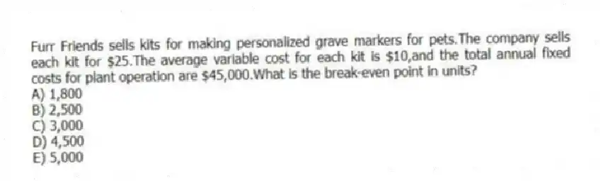 Furr Friends sells kits for making personalized grave markers for pets.The company sells each kit for $25.The average variable cost for each kit is $10,and the total annual fixed costs for plant operation are $45,000.What is the break-even point in units?
A) 1,800
B) 2,500
C) 3,000
D) 4,500
E) 5,000
