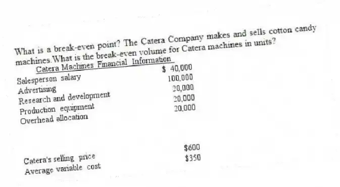What is a break-even point? The Catera Company makes and sells cotton candy machines.What is the break-even volume for Catera machines in units?