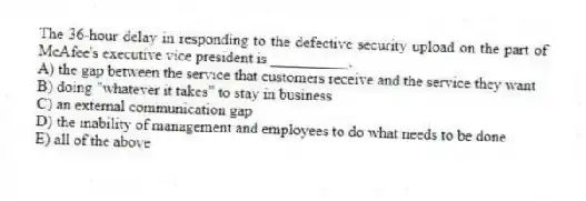 The 36-hour delay in responding to the defective security upload on the part of McAfee's executive vice president is __________.
A) the gap between the service that customers receive and the service they want
B) doing "whatever it takes" to stay in business
C) an external communication gap
D) the inability of management and employees to do what needs to be done
E) all of the above