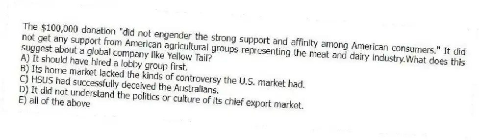 The $100,000 donation "did not engender the strong support and affinity among American consumers." It did not get any support from American agricultural groups representing the meat and dairy industry.What does this suggest about a global company like Yellow Tail?
A) It should have hired a lobby group first.
B) Its home market lacked the kinds of controversy the U.S. market had.
C) HSUS had successfully deceived the Australians.
D) It did not understand the politics or culture of its chief export market.
E) all of the above