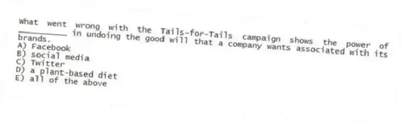 What went wrong with the Tails-for-Tails campaign shows the power of __________ in undoing the good will that a company wants associated with its brands.
A) Facebook
B) social media
C) Twitter
D) a plant-based diet
E) all of the above