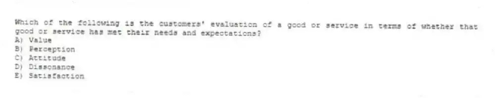 Which of the following is the customers' evaluation of a good or service in terms of whether that good or service has met their needs and expectations?
A) Value
B) Perception
C) Attitude
D) Dissonance
E) Satisfaction