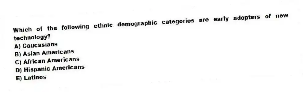 Which of the following ethnic demographic categories are early adopters of new technology?
A) Caucasians
B) Asian Americans
C) African Americans
D) Hispanic Americans
E) Latinos