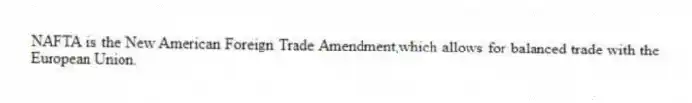 NAFTA is the New American Foreign Trade Amendment,which allows for balanced trade with the European Union.
