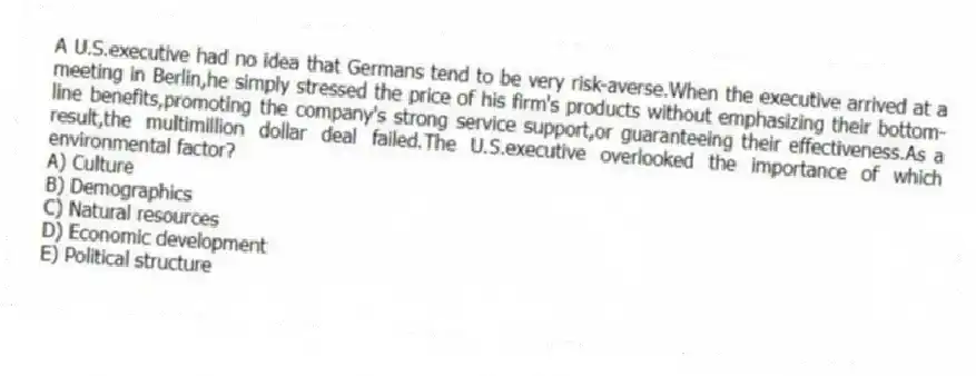A U.S.executive had no idea that Germans tend to be very risk-averse.When the executive arrived at a meeting in Berlin,he simply stressed the price of his firm's products without emphasizing their bottom-line benefits,promoting the company's strong service support,or guaranteeing their effectiveness.As a result,the multimillion dollar deal failed.The U.S.executive overlooked the importance of which environmental factor?
A) Culture
B) Demographics
C) Natural resources
D) Economic development
E) Political structure