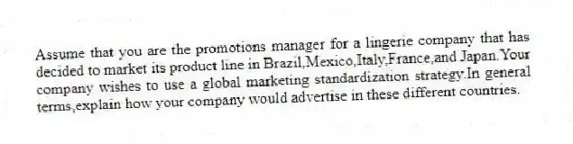 Assume that you are the promotions manager for a lingerie company that has decided to market its product line in Brazil,Mexico,Italy,France,and Japan.Your company wishes to use a global marketing standardization strategy.In general terms,explain how your company would advertise in these different countries.