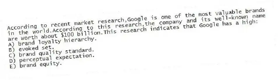 According to recent market research,Google is one of the most valuable brands in the world.According to this research,the company and its well-known name are worth about $100 billion.This research indicates that Google has a high:
A) brand loyalty hierarchy.
B) evoked set.
C) brand quality standard.
D) perceptual expectation.
E) brand equity.