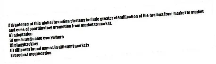 Advantages of this global branding strategy include greater identification of the product from market to market and ease of coordinating promotion from market to market.
A) adaptation
B) one brand name everywhere
C) piggybacking
D) different brand names in different markets
E) product modification