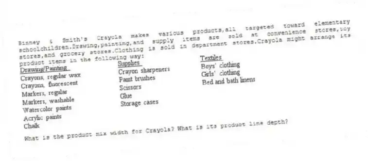Binney & Smith's Crayola makes various products,all targeted toward elementary schoolchildren.Drawing,painting,and supply items are sold at convenience stores,toy stores,and grocery stores.Clothing is sold in department stores.Crayola might arrange its product items in the following way:
  
What is the product mix width for Crayola? What is its product line depth?