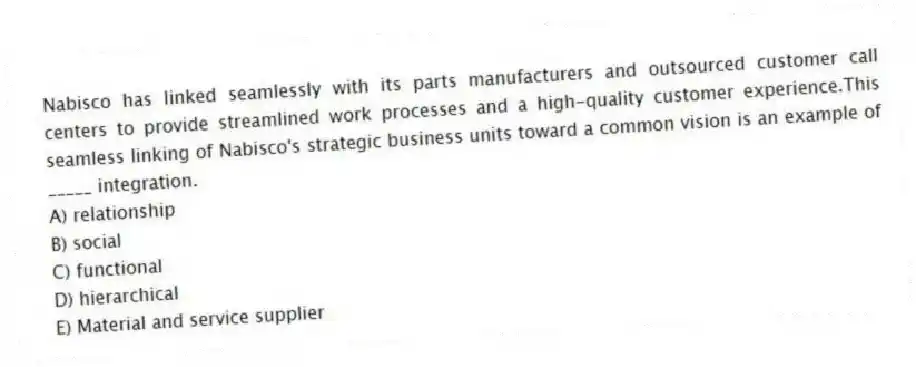 Nabisco has linked seamlessly with its parts manufacturers and outsourced customer call centers to provide streamlined work processes and a high-quality customer experience.This seamless linking of Nabisco's strategic business units toward a common vision is an example of _____ integration.
A) relationship
B) social
C) functional
D) hierarchical
E) Material and service supplier