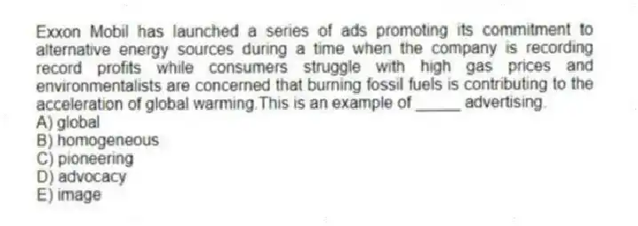 Exxon Mobil has launched a series of ads promoting its commitment to alternative energy sources during a time when the company is recording record profits while consumers struggle with high gas prices and environmentalists are concerned that burning fossil fuels is contributing to the acceleration of global warming.This is an example of _____ advertising.
A) global
B) homogeneous
C) pioneering
D) advocacy
E) image