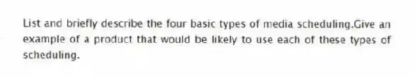List and briefly describe the four basic types of media scheduling.Give an example of a product that would be likely to use each of these types of scheduling.