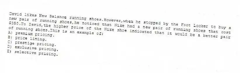 David likes New Balance running shoes.However,when he stopped by the Foot Locker to buy a new pair of running shoes,he noticed that Nike had a new pair of running shoes that cost $350.To David,the higher price of the Nike shoe indicated that it would be a better pair of running shoes.This is an example of:
A) premium pricing.
B) price lining.
C) prestige pricing.
D) exclusive pricing.
E) selective pricing.