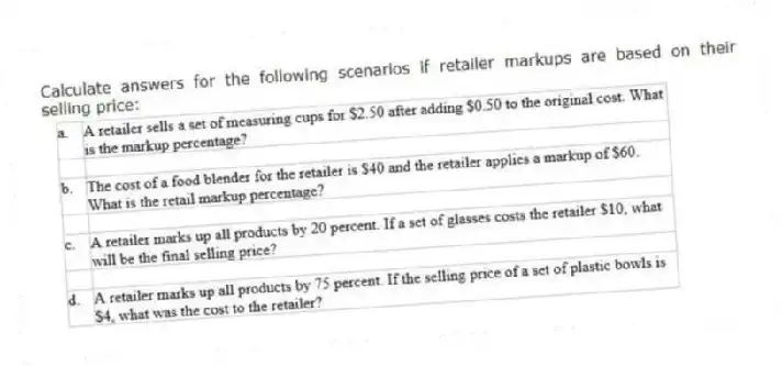 Calculate answers for the following scenarios if retailer markups are based on their selling price:
 