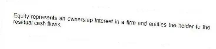Equity represents an ownership interest in a firm and entitles the holder to the residual cash flows.