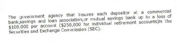 The government agency that insures each depositor at a commercial bank,savings and loan association,or mutual savings bank up to a loss of $100,000 per account ($250,000 for individual retirement accounts)is the Securities and Exchange Commission (SEC).