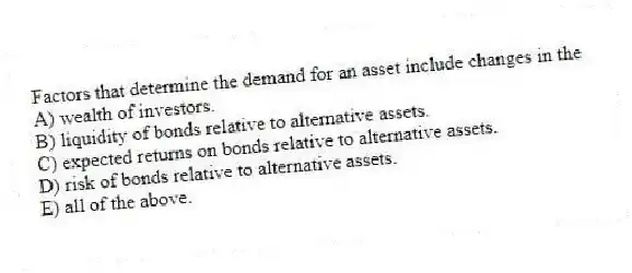 Factors that determine the demand for an asset include changes in the
A) wealth of investors.
B) liquidity of bonds relative to alternative assets.
C) expected returns on bonds relative to alternative assets.
D) risk of bonds relative to alternative assets.
E) all of the above.