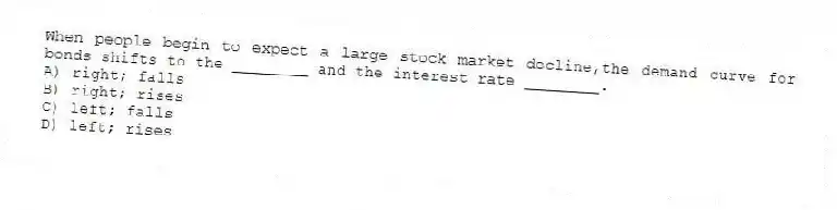 When people begin to expect a large stock market decline,the demand curve for bonds shifts to the ________ and the interest rate ________.
A) right; falls
B) right; rises
C) left; falls
D) left; rises