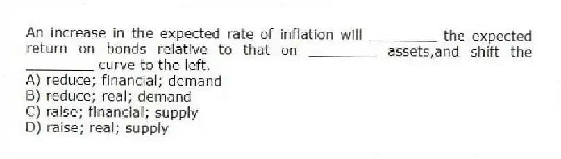 An increase in the expected rate of inflation will ________ the expected return on bonds relative to that on ________ assets,and shift the ________ curve to the left.
A) reduce; financial; demand
B) reduce; real; demand
C) raise; financial; supply
D) raise; real; supply