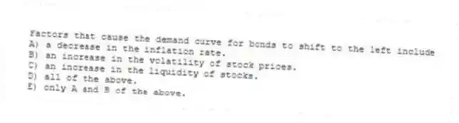 Factors that cause the demand curve for bonds to shift to the left include
A) a decrease in the inflation rate.
B) an increase in the volatility of stock prices.
C) an increase in the liquidity of stocks.
D) all of the above.
E) only A and B of the above.