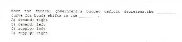 When the federal government's budget deficit decreases,the ________ curve for bonds shifts to the ________.
A) demand; right
B) demand; left
C) supply; left
D) supply; right