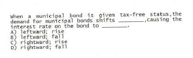 When a municipal bond is given tax-free status,the demand for municipal bonds shifts ________,causing the interest rate on the bond to ________.
A) leftward; rise
B) leftward; fall
C) rightward; rise
D) rightward; fall