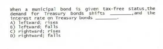 When a municipal bond is given tax-free status,the demand for Treasury bonds shifts ________,and the interest rate on Treasury bonds ________.
A) leftward; rises
B) leftward; falls
C) rightward; rises
D) rightward; falls