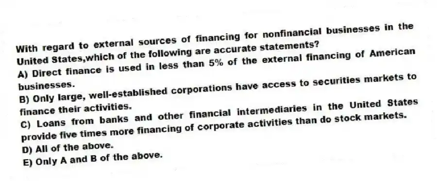 With regard to external sources of financing for nonfinancial businesses in the United States,which of the following are accurate statements?
A) Direct finance is used in less than 5% of the external financing of American businesses.
B) Only large, well-established corporations have access to securities markets to finance their activities.
C) Loans from banks and other financial intermediaries in the United States provide five times more financing of corporate activities than do stock markets.
D) All of the above.
E) Only A and B of the above.