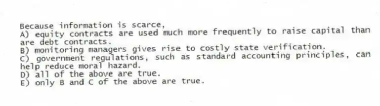 Because information is scarce,
A) equity contracts are used much more frequently to raise capital than are debt contracts.
B) monitoring managers gives rise to costly state verification.
C) government regulations, such as standard accounting principles, can help reduce moral hazard.
D) all of the above are true.
E) only B and C of the above are true.