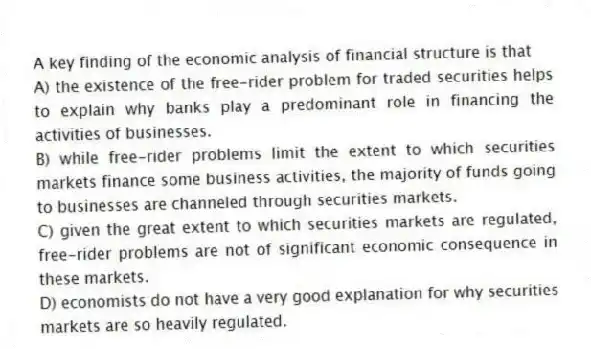 A key finding of the economic analysis of financial structure is that
A) the existence of the free-rider problem for traded securities helps to explain why banks play a predominant role in financing the activities of businesses.
B) while free-rider problems limit the extent to which securities markets finance some business activities, the majority of funds going to businesses are channeled through securities markets.
C) given the great extent to which securities markets are regulated, free-rider problems are not of significant economic consequence in these markets.
D) economists do not have a very good explanation for why securities markets are so heavily regulated.