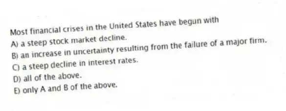 Most financial crises in the United States have begun with
A) a steep stock market decline.
B) an increase in uncertainty resulting from the failure of a major firm.
C) a steep decline in interest rates.
D) all of the above.
E) only A and B of the above.