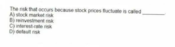 The risk that occurs because stock prices fluctuate is called ________.
A) stock market risk
B) reinvestment risk
C) interest-rate risk
D) default risk