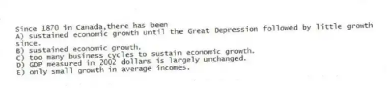 Since 1870 in Canada,there has been
A) sustained economic growth until the Great Depression followed by little growth since.
B) sustained economic growth.
C) too many business cycles to sustain economic growth.
D) GDP measured in 2002 dollars is largely unchanged.
E) only small growth in average incomes.