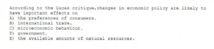 According to the Lucas critique,changes in economic policy are likely to have important effects on
A) the preferences of consumers.
B) international trade.
C) microeconomic behaviour.
D) government.
E) the available amounts of natural resources.