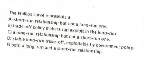 The Phillips curve represents a
A) short-run relationship but not a long-run one.
B) trade-off policy makers can exploit in the long-run.
C) a long-run relationship but not a short-run one.
D) stable long-run trade-off, exploitable by government policy.
E) both a long-run and a short-run relationship.