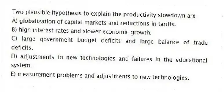 Two plausible hypothesis to explain the productivity slowdown are
A) globalization of capital markets and reductions in tariffs.
B) high interest rates and slower economic growth.
C) large government budget deficits and large balance of trade deficits.
D) adjustments to new technologies and failures in the educational system.
E) measurement problems and adjustments to new technologies.