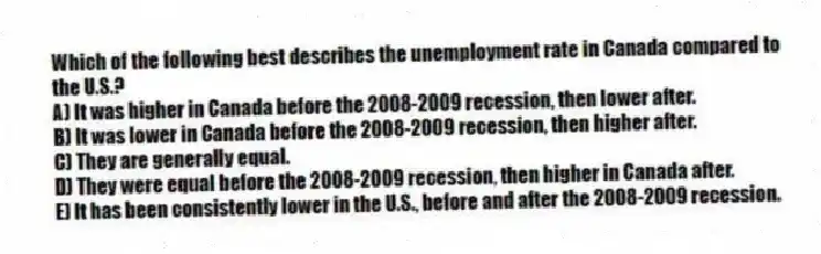 Which of the following best describes the unemployment rate in Canada compared to the U.S.?
A) It was higher in Canada before the 2008-2009 recession, then lower after.
B) It was lower in Canada before the 2008-2009 recession, then higher after.
C) They are generally equal.
D) They were equal before the 2008-2009 recession, then higher in Canada after.
E) It has been consistently lower in the U.S., before and after the 2008-2009 recession.