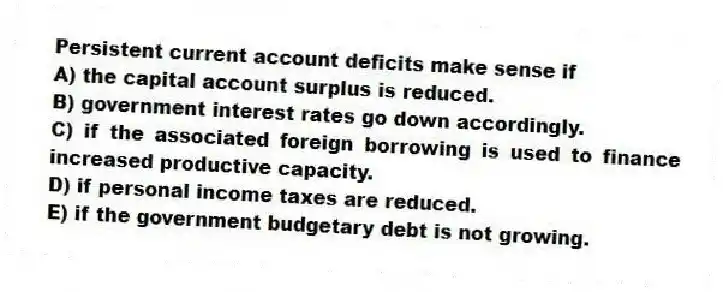 Persistent current account deficits make sense if
A) the capital account surplus is reduced.
B) government interest rates go down accordingly.
C) if the associated foreign borrowing is used to finance increased productive capacity.
D) if personal income taxes are reduced.
E) if the government budgetary debt is not growing.