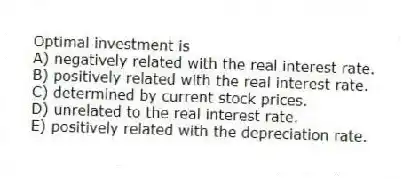 Optimal investment is
A) negatively related with the real interest rate.
B) positively related with the real interest rate.
C) determined by current stock prices.
D) unrelated to the real interest rate.
E) positively related with the depreciation rate.