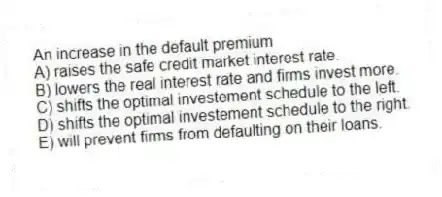 An increase in the default premium
A) raises the safe credit market interest rate.
B) lowers the real interest rate and firms invest more.
C) shifts the optimal investement schedule to the left.
D) shifts the optimal investement schedule to the right.
E) will prevent firms from defaulting on their loans.