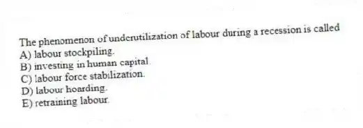 The phenomenon of underutilization of labour during a recession is called
A) labour stockpiling.
B) investing in human capital.
C) labour force stabilization.
D) labour hoarding.
E) retraining labour.