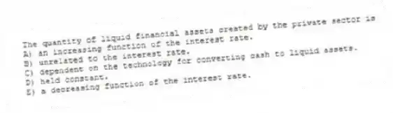 The quantity of liquid financial assets created by the private sector is
A) an increasing function of the interest rate.
B) unrelated to the interest rate.
C) dependent on the technology for converting cash to liquid assets.
D) held constant.
E) a decreasing function of the interest rate.