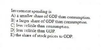 Investment spending is
A) a smaller share of GDP than consumption.
B) a larger share of GDP than consumption.
C) less volitile than consumption.
D) less volitile than GDP.
E) the share of stock prices to GDP.