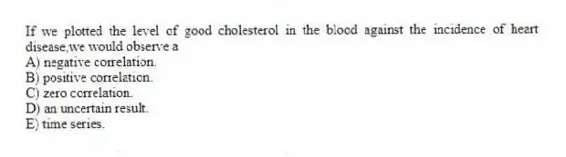 If we plotted the level of good cholesterol in the blood against the incidence of heart disease,we would observe a
A) negative correlation.
B) positive correlation.
C) zero correlation.
D) an uncertain result.
E) time series.