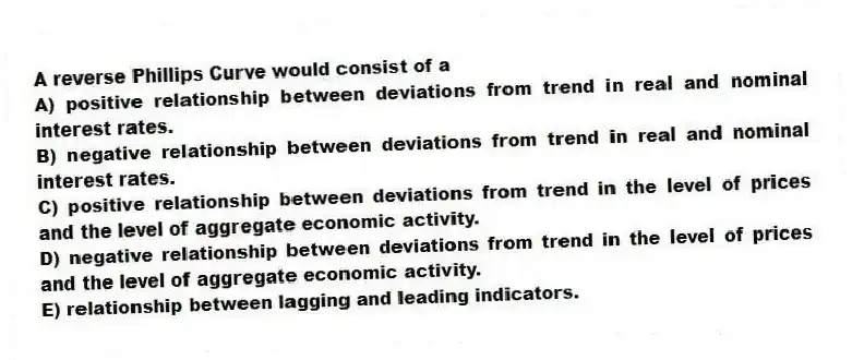 A reverse Phillips Curve would consist of a
A) positive relationship between deviations from trend in real and nominal interest rates.
B) negative relationship between deviations from trend in real and nominal interest rates.
C) positive relationship between deviations from trend in the level of prices and the level of aggregate economic activity.
D) negative relationship between deviations from trend in the level of prices and the level of aggregate economic activity.
E) relationship between lagging and leading indicators.
