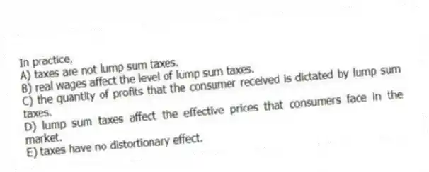 In practice,
A) taxes are not lump sum taxes.
B) real wages affect the level of lump sum taxes.
C) the quantity of profits that the consumer received is dictated by lump sum taxes.
D) lump sum taxes affect the effective prices that consumers face in the market.
E) taxes have no distortionary effect.